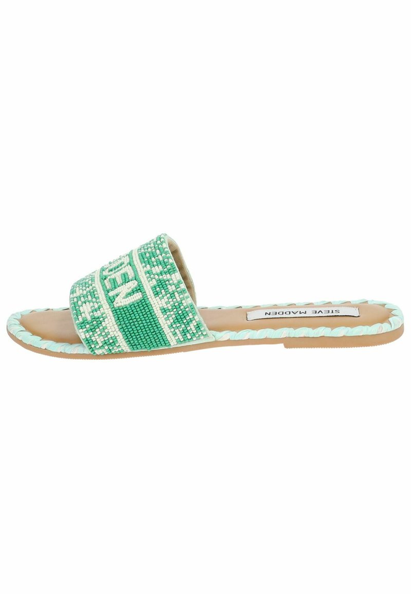 Sandal a scivolo con perline, disponibile in verde e bianco, con tomaia intrecciata, suola piatta e bordo intrecciato di colore menta. Design testurizzato con punta aperta.