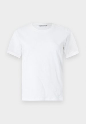 Plain white short-sleeve crew neck t-shirt laid flat on a light background, showing front view with a small visible brand label inside collar.