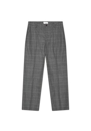 Szare, dopasowane spodnie z delikatnym wzorem kratki typu windowpane, z przodu zapinane na guzik, z szlufkami na pasek i bocznymi kieszeniami, ułożone płasko na białym tle.