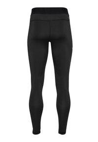 Schwarze Sportleggings aus glattem, elastischem Material. Hoher Taillenbund, eng anliegende Form, minimale Nahtdetails und keine sichtbaren Logos.