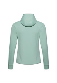 Felpa verde menta con design aderente, cappuccio e maniche lunghe. Texture liscia e senza pattern visibili o dettagli in metallo.