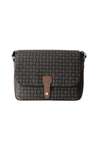 Borsa a spalla in tessuto stampato con uno sfondo scuro e decorazioni dorate. Include una pattina e una tracolla in pelle marrone, con chiusura a bottone.