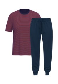 Gestreept rood en donkerpaars T-shirt met korte mouwen, gecombineerd met marineblauwe joggingbroek met een elastische tailleband en boorden.