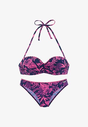 Bikini bleu marine avec des motifs floraux tropicaux roses, à nouer au cou, avec un soutien-gorge à décolleté en cœur rembourré et un bas taille basse assorti.
