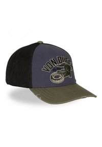Casquette de baseball à dos en maille noire avec l'avant bleu foncé, la visière vert olive, et le logo brodé "VON DUTCH" avec un motif de pneu.