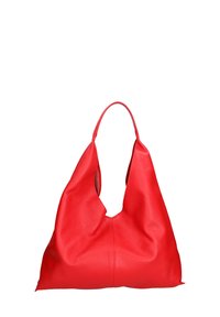 Borsa hobo in pelle rossa con una finitura morbida e texturizzata, caratterizzata da un design distintivo a soffietto e una singola tracolla.