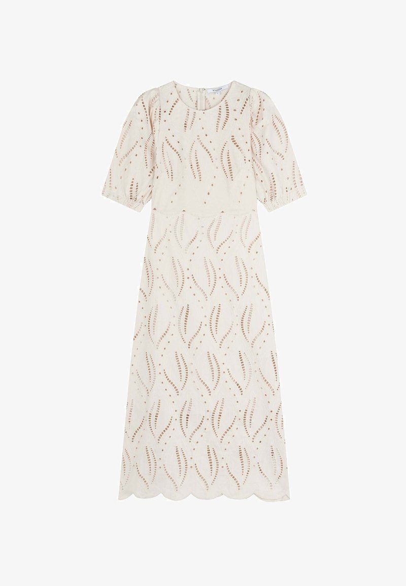 Cream dress with a textured floral design, short puffed sleeves, and a scalloped hem. Features decorative cutouts and subtle brown accents.