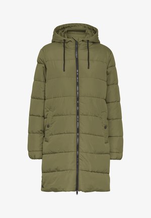 Khaki roheline puffjakker koos kapuutsiga, musta luku sulgemisega, reguleeritavate nööridega ja kahe küljetaskuga. Sile, tepitud tekstuur.