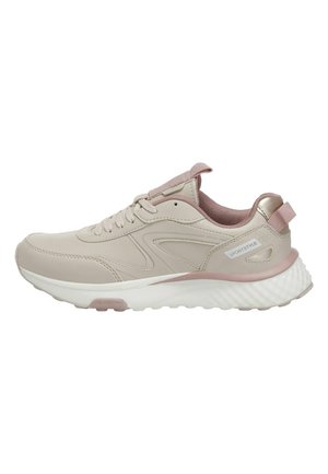 Beige en roze sportsneaker met veterluiting aan de voorkant, gevoerde kraag, witte gestructureerde zool en een "SPORTSTYLE" label aan de zijkant.