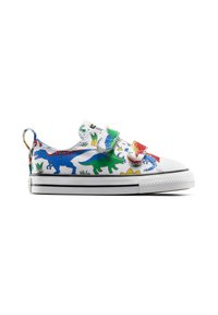 Sneakers con chiusura a strappo in tela bianca, decorate con colorati disegni di dinosauri nei toni del blu, verde e rosso, una punta in gomma e strisce nere.