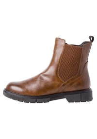 Bottine en cuir marron avec des panneaux latéraux élastiques, des détails texturés et une semelle en caoutchouc noir épaisse pour une bonne traction.