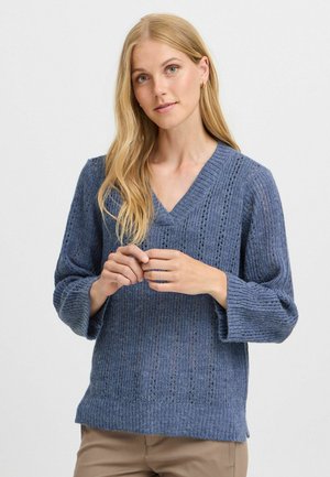 Dunkelblauer V-Ausschnitt-Strickpullover mit gerippter Textur und voluminösen Ärmeln. Leicht und mit offenem Strickmuster in der gesamten Verarbeitung.