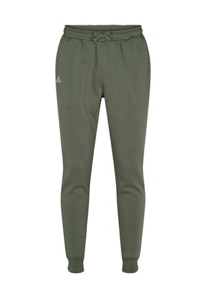 Žalios spalvos sportinės kelnės iš minkštos medžiagos, su raišteliu juosmens srityje, įrėmintomis rankogaliais ir mažyliu logotipu kairėje šlaunies dalyje.