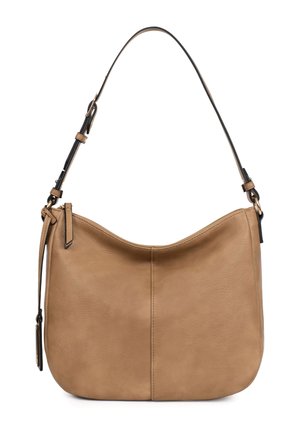 Sac à bandoulière en cuir marron clair avec une seule sangle réglable et un détail de couture minimaliste au centre.