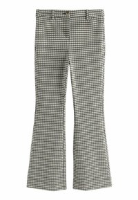 Pantalons à carreaux noir et blanc évasés, confectionnés dans un tissu léger, avec une fermeture à bouton et des passants de ceinture, présentant un motif de texture subtil.