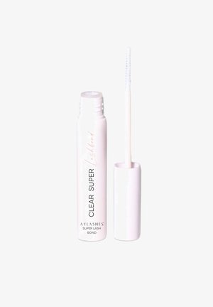 Aylashes Clear Super Lash Bond in a cylindrical white tube with a long, fine applicator brush and clear text. Smooth finish, compact design.