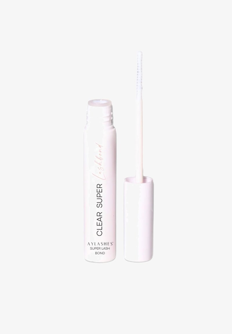 Aylashes Clear Super Lash Bond in a cylindrical white tube with a long, fine applicator brush and clear text. Smooth finish, compact design.