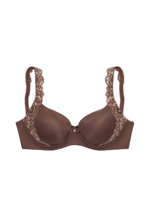 Brown padded bra with floral lace trim on cups and straps, featuring a small central bow and decorative charm.