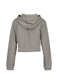 Felpa con cappuccio a maniche lunghe, tagliata, di colore grigio chiaro. Tessuto morbido e testurizzato con cappuccio a doppio strato e polsini a coste.