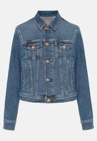 Giacca in denim, blu medio. Caratterizzata da chiusura a bottoni, due tasche sul petto e due tasche laterali. Colletto classico e vestibilità corta con dettagli cuciti.