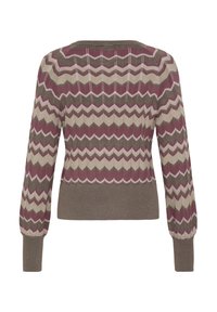 Strickpullover mit einem Zickzackmuster in Burgunder-, Creme- und Olivgrüntönen; gerippte Bündchen und Saum; taillierter Schnitt.