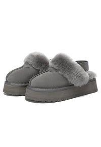 Gray slip-on shoes with a textured upper, featuring a fluffy fur strap and a thick rubber sole, providing cushioning and comfort.