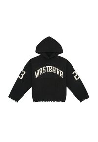 Mustavilla ribbed hupparilla, jossa on risat reunat, valkoiset tekstit "WRSTBHVR" ja numero "23" hihoissa. Pehmeä materiaali, rento muotoilu.
