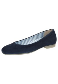 Ballerina in suede blu navy con punta rotonda, fodera beige chiaro e motivo a righe. Suola piatta per comfort e stabilità.