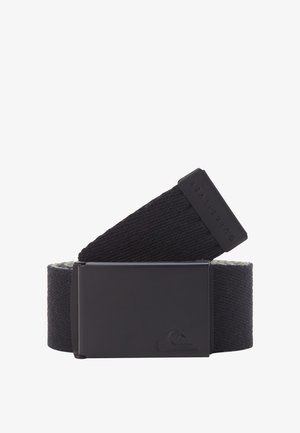 Black fabric belt with a textured design, featuring a shiny black metal buckle and embossed logo. The material is durable and woven.