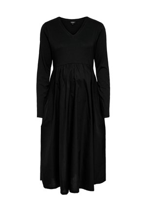 Vestido negro de manga larga con escote en V, cintura ajustada y falda fluida. Fabricado en tela suave con una textura lisa. Sin cierres visibles.