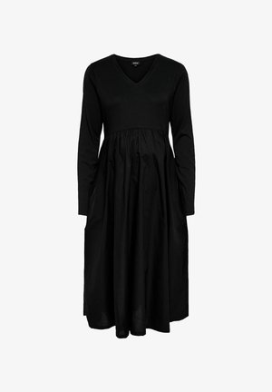 Vestido negro de manga larga con escote en V, cintura ajustada y falda fluida. Fabricado en tela suave con una textura lisa. Sin cierres visibles.