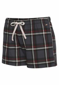Geruite shorts in marineblauw, zwart en rood, met een elastische tailleband en een witte trekkoord, en een klein logo-patch. Zacht katoen stof.