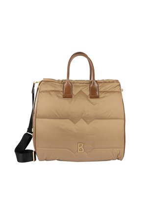 Sac à main matelassé beige en nylon avec des poignées et des accents en cuir marron. Comprend une bandoulière noire réglable et une fermeture éclair dorée.
