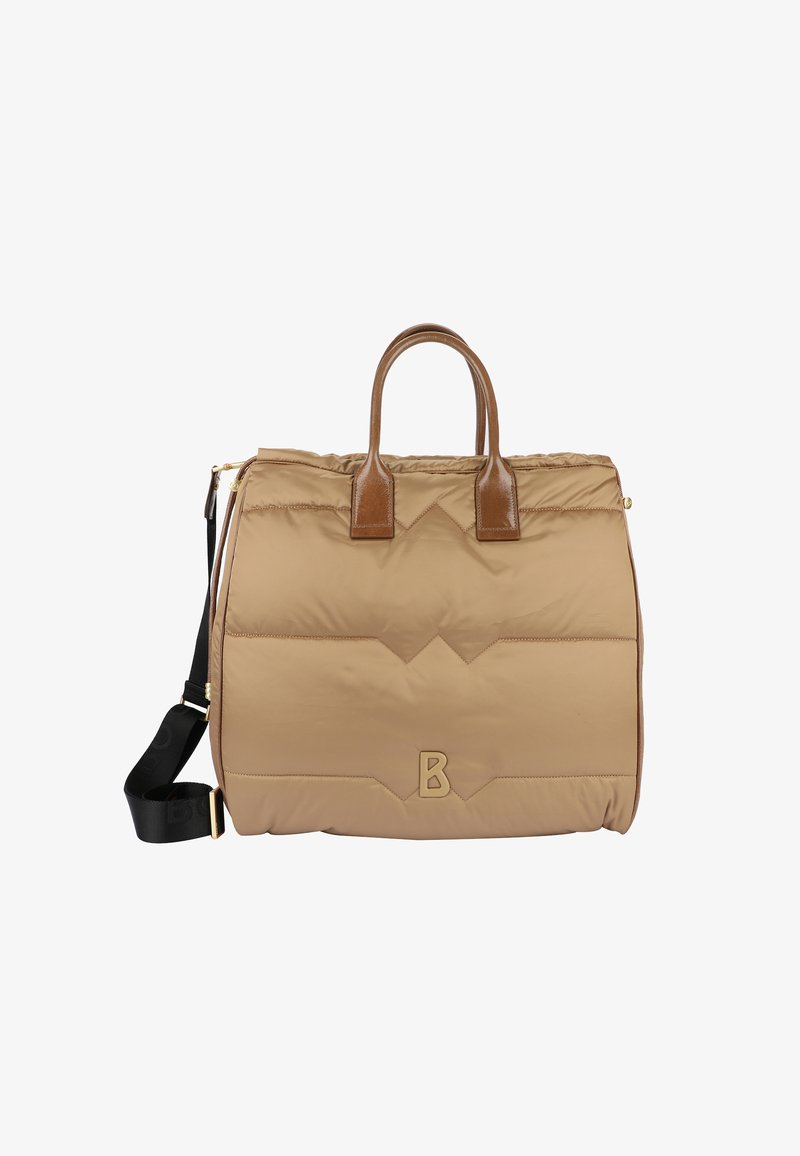 Beige vadderad handväska i nylon med bruna läderhandtag och detaljer. Inkluderar ett svart justerbart rem och en guldfärgad dragkedja.