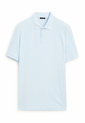Lichtblauwe polo gemaakt van een katoenmix, met een klassieke kraag, korte mouwen en een enkele knoopsluiting. Soepele textuur.