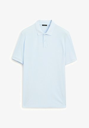 Jasnoniebieska koszulka polo wykonana z mieszanki bawełny, z klasycznym kołnierzykiem, krótkimi rękawami i pojedynczym zapięciem na guzik. Gładka faktura.