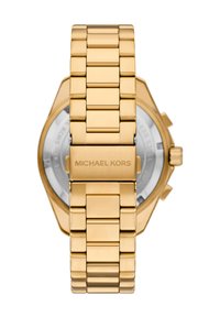 Guld rustfrit stål armbåndsur med et kædearmbåndsdesign, gravering "MICHAEL KORS" på låsen og en sølvfarvet urskive.