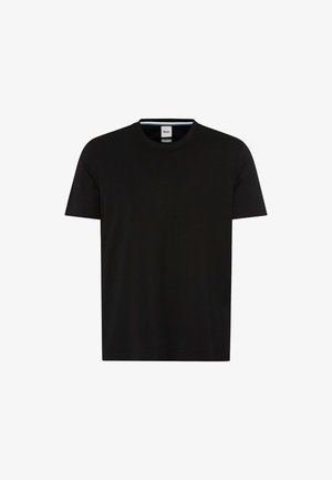 Zwarte katoenen T-shirt, korte mouwen, ronde hals, klassieke pasvorm, gladde textuur, zonder patronen of versieringen, standaard zoom.