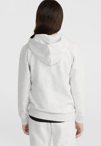 Sudadera con capucha gris de acabado texturizado, con puños ajustados y capucha con cordón, vista desde la parte trasera. Combinada con pantalones a juego.