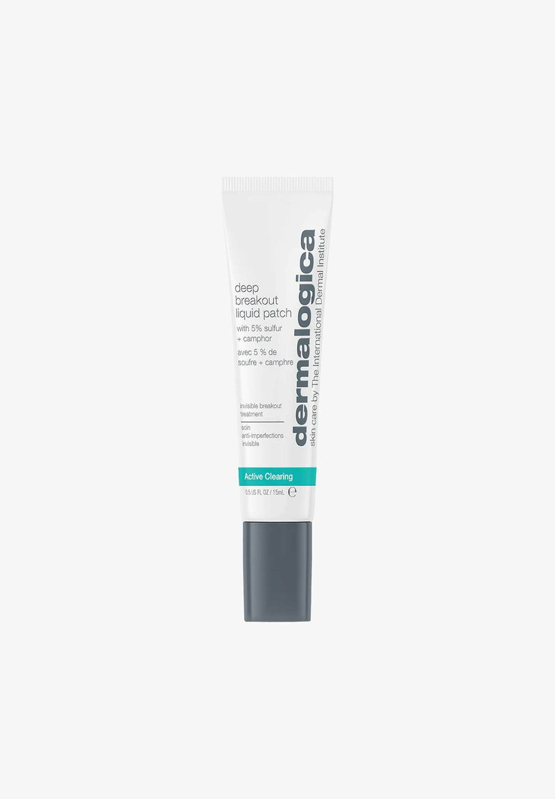 Dermalogica Deep Breakout Liquid Patch in einer weißen Tube mit grauem Deckel. Verfügt über türkisfarbene Akzente und Schrift; 15 ml Fassungsvermögen für die Behandlung.