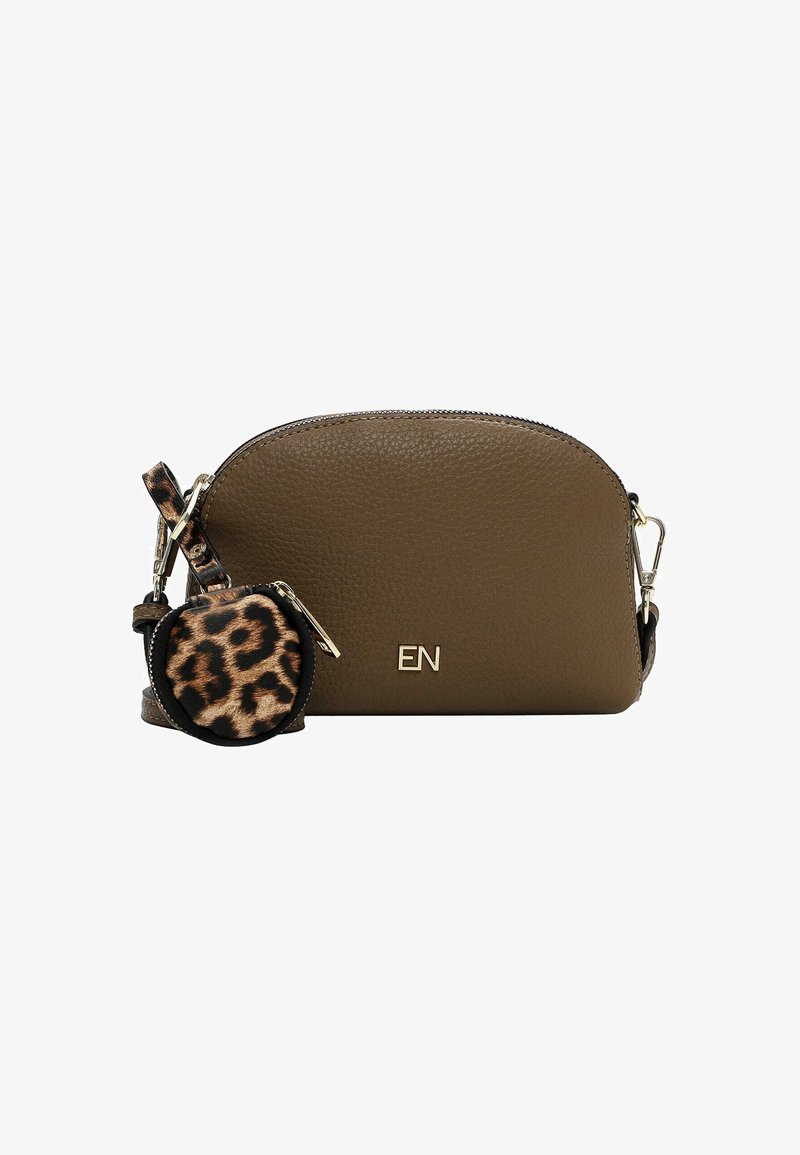 Brown leather handbag with a rounded shape, gold hardware, embossed "EN" logo, and a detachable leopard print keychain.