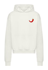 White hooded sweatshirt with a front pocket, ribbed cuffs, and a small red chili pepper embroidered on the left chest. Soft fabric texture.