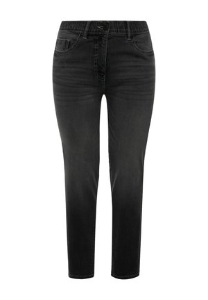 Schwarze Jeans aus Denim mit elastischem Bund, fünf Taschen, geradem Bein Design und dezenten Waschungen an der Vorderseite.