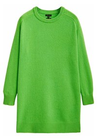 Robe-pull en tricot vert avec un col rond, des manches longues, et des poignets et un ourlet côtelés. Texture douce avec une coupe mi-longue.