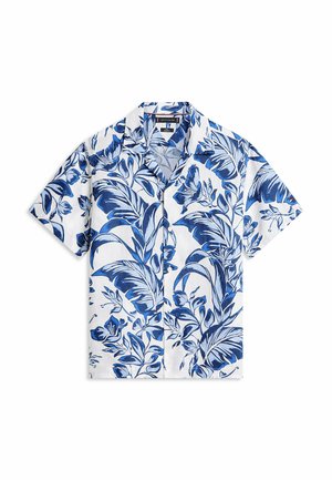 Hvid kortærmet skjorte med knapper, blå tropisk blad- og blomsterprint, spredt krave og afslappet pasform.