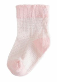 Šviesiai rožinė megzta kojinė su ribbingu ant viršaus, pasižyminti minkšta tekstūra ir subtiliu, šiek tiek tamsesnės rožinės spalvos dryžuotu raštu.