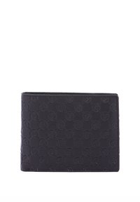 Portafoglio in pelle nera con motivo a logo inciso, forma rettangolare e superficie testurizzata. Design compatto senza hardware visibile.