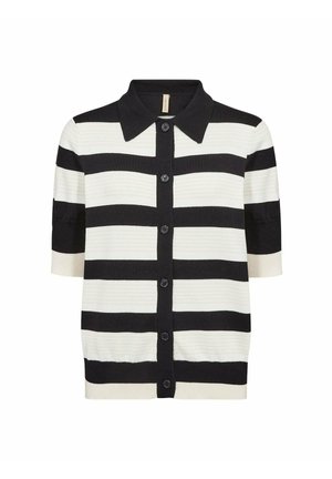 Zwart-wit horizontaal gestreept korte mouw vestje met knoopsluiting aan de voorkant en puntige kraag.