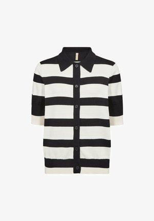 Zwart-wit horizontaal gestreept korte mouw vestje met knoopsluiting aan de voorkant en puntige kraag.