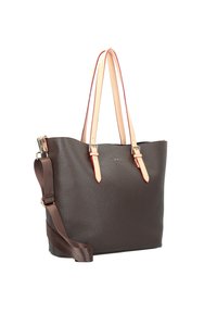 Braune Ledertasche mit hellrosa Akzenten und Trägern. Verfügt über eine glatte Textur und einen verstellbaren Schulterriemen.